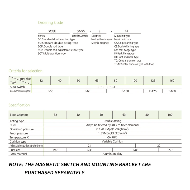 SU32/40/50/63mm Bore Inner Rod Double Action Air Cylinder Pistons Stroke 25-1000mm SU Series Pneumatic Cylinders