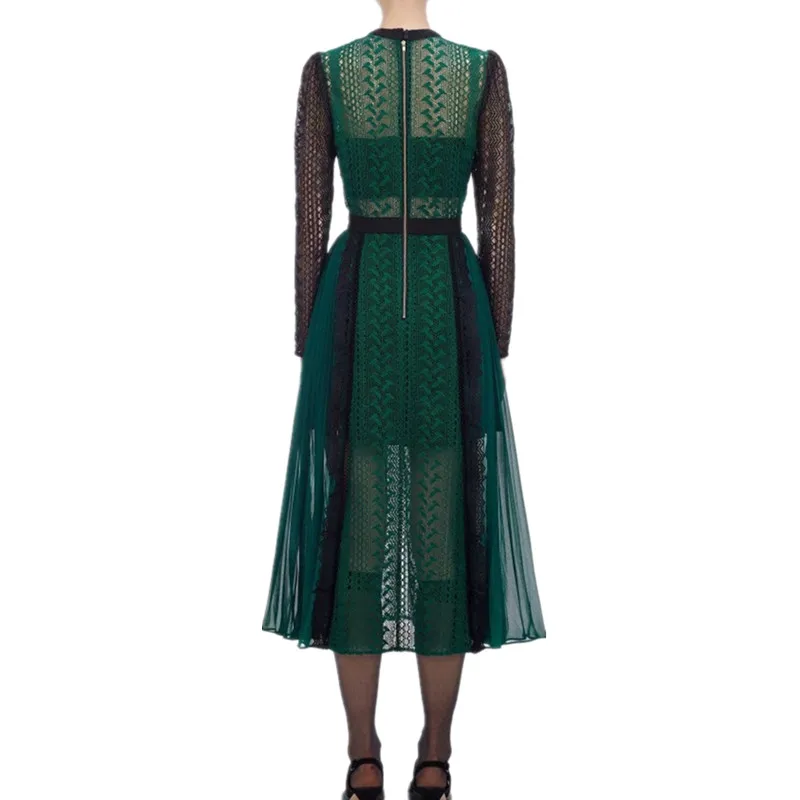 Женское высокое качество Роскошное дизайнерское подиумное платье осень Новое поступление зеленый цвет Плиссированное Кружевное платье миди