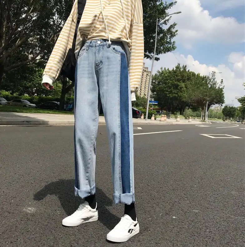 Spring and Autumn Korean Harajuku bf loose patchwork straight jeans women wide leg pants tide