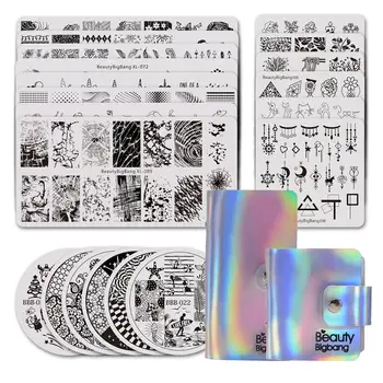 

Beautybigbang Stamping Plates Set 8 PCS Rectangle + 6 Square + 6 Round Nail Art Stencil Templates + 2 Stamping Plates Case Bag
