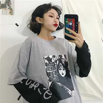 

Japanese Female Funny Loose Long Sleeve Tshirt Special Sweatshirts Printed White Black Fashion Women Casual Sweatshirt