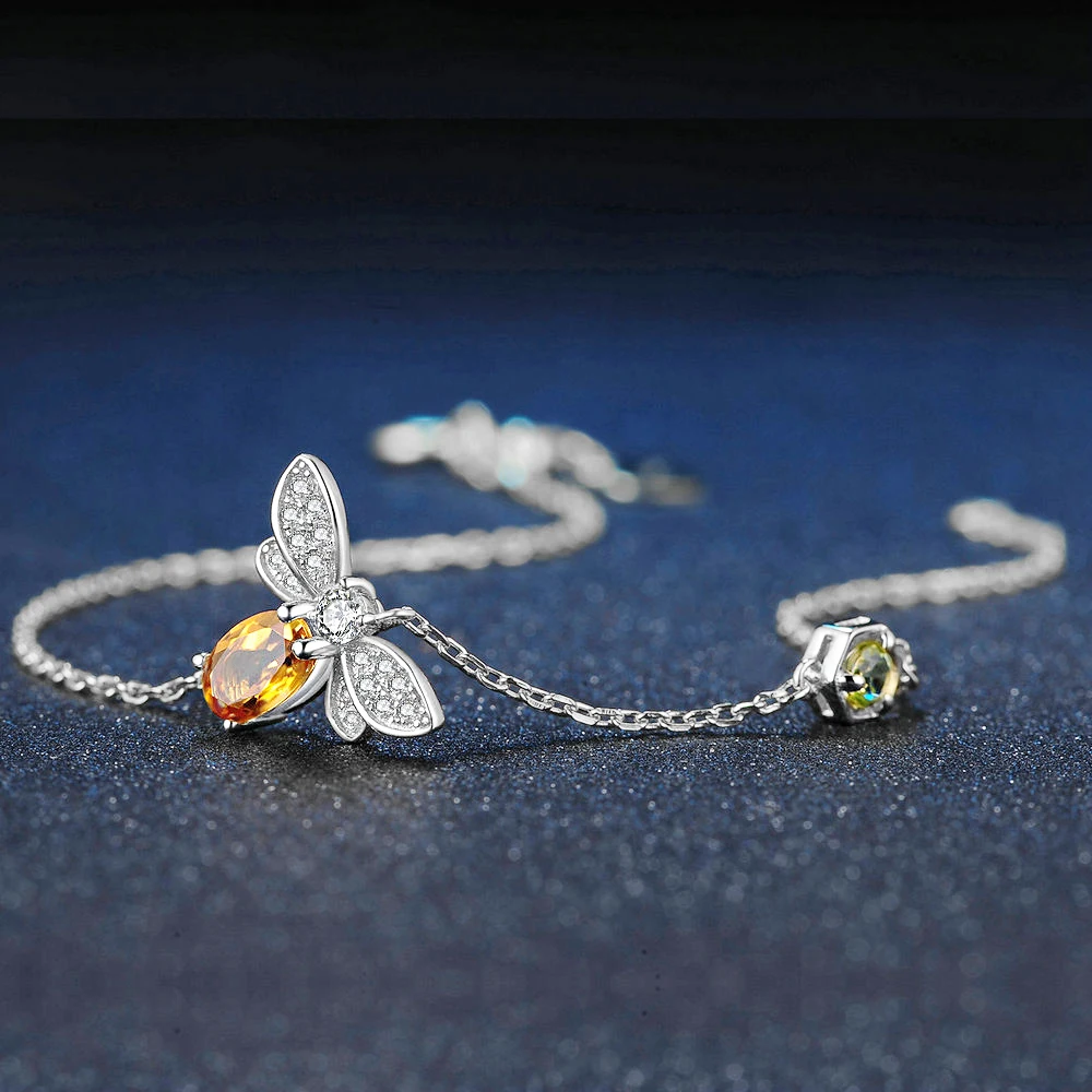 Bwell Love Bee 925 пробы, серебряный браслет для женщин, цитрин, драгоценные камни, ювелирное изделие, покрытое белым золотом, цепочка, дизайнерские украшения, BWHI059