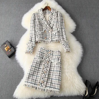 

2020 autumn winter women designer plaid tweed skirt set OL elegant tassel shawl collar short coats + mini skirt suit set y723
