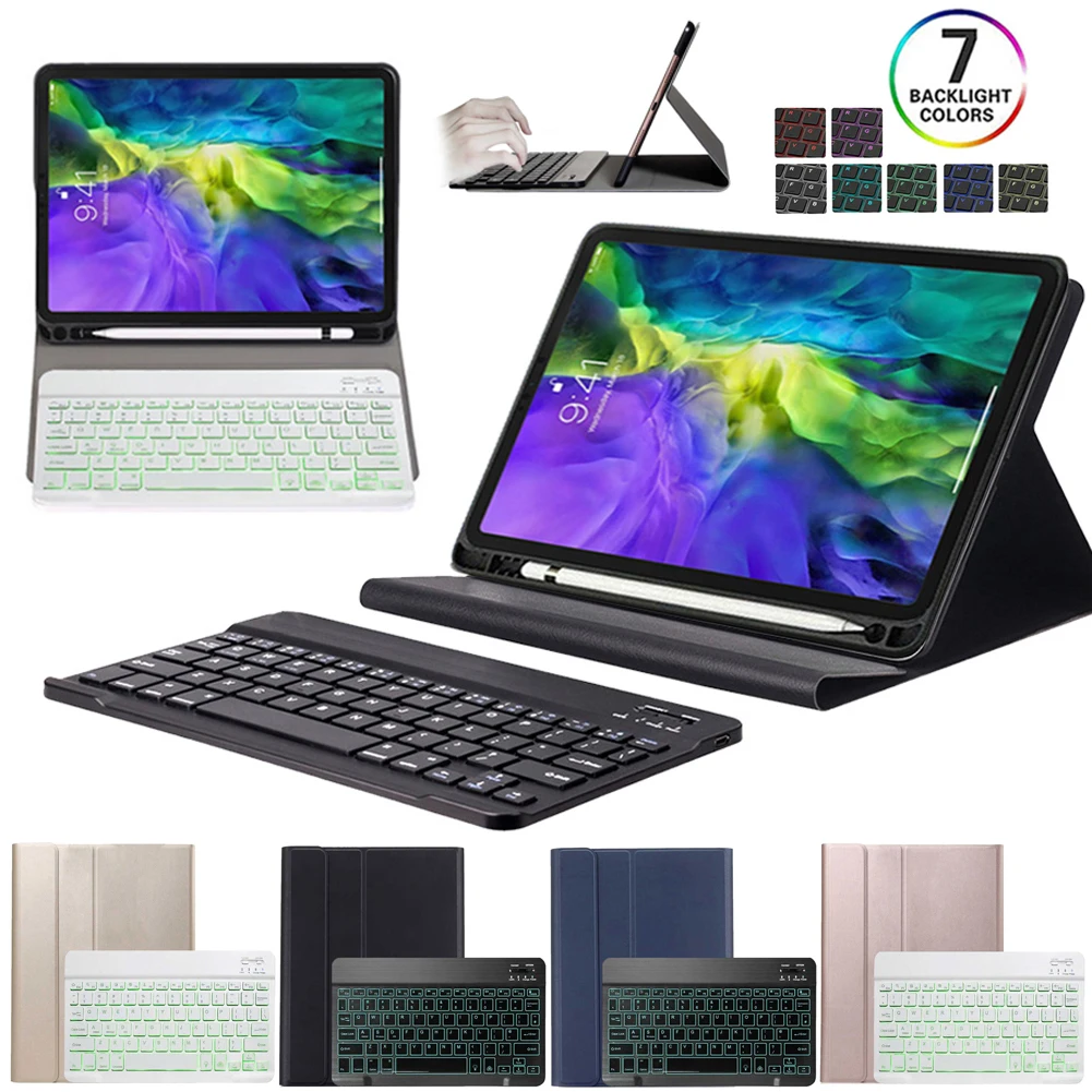 

For IPad Air 4 10.9 2020 Wireless Bluetooth Keyboard Case Shockproof Leather Stand Colorful Backlit with Pen Slot