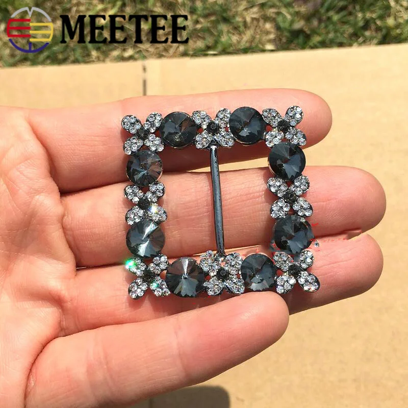Meetee 2/4pcs 4cm Square Rhinestone Webbing Tri-Glide Buckles Coat Belt Buckle DIY Shoes Clothing Decoration Button Sew Material