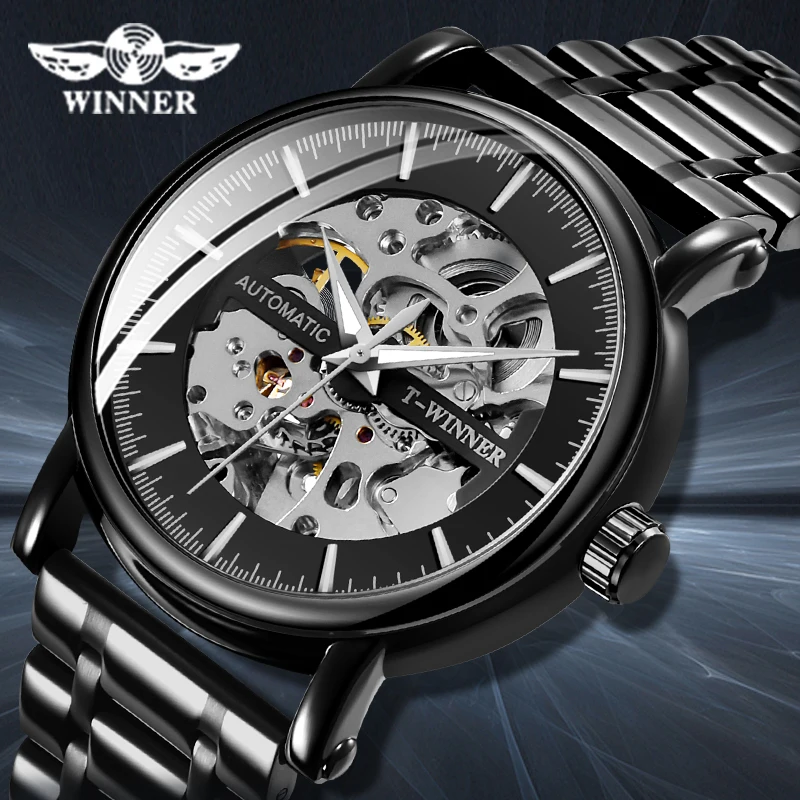 

Winner Top Brand Luxury Men's Watches Transparent Skeleton Dial Black Automatic Fashion Men Watch Luminous Clock erkek kol saati