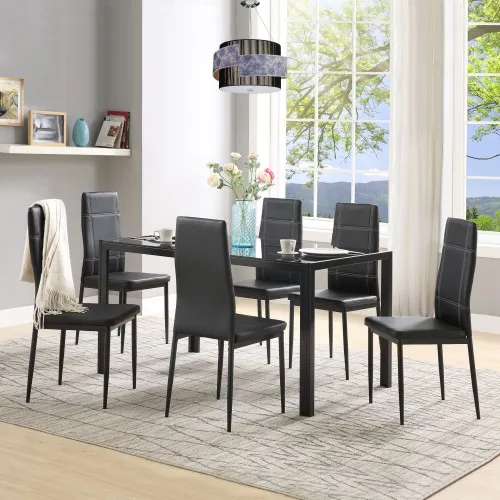 

7 Piece Kitchen Dining Set, Rectangle Tempered Glass Dining Table With 6 Leather Chairs Kitchen Table Dining Set Furniture