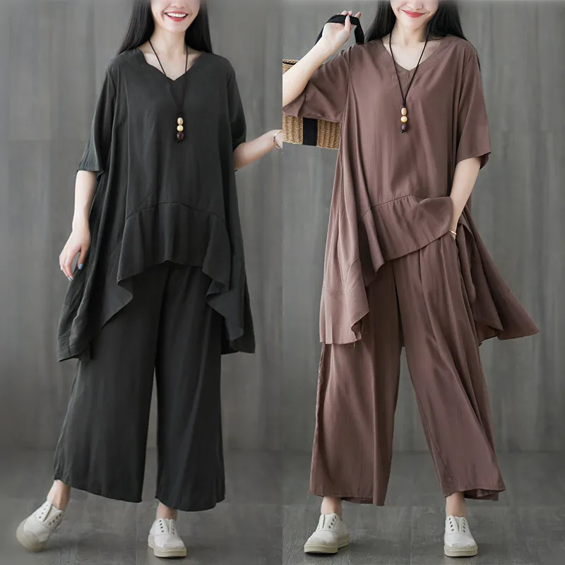 

2019 Summer Literature And Art Simple Fashion Casual Chinese Style Tea Service Large Size Loose-Fit Loose Pants Two-Piece Set