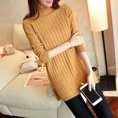 Зимнее теплое длинное платье-свитер женские свитера с круглым вырезом пуловер Женский вязаный женский свитер-пуловер Одежда больших размеров - Цвет: Ginger yellow