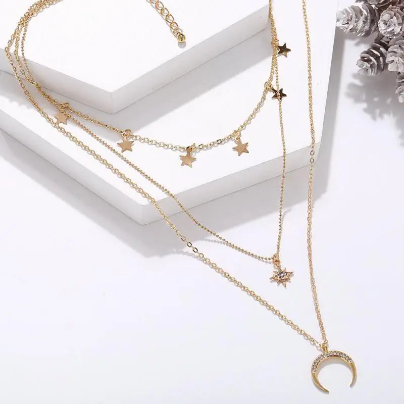 Glamour Necklace 2025 Fashion New Simple Temperament Eight Mans Star Crescent Pentagram Ms. Three-layer Necklace Gift 5