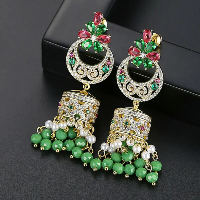 Ретро Индийский Болливуд Jhumka Jhumki Висячие серьги цыганские модные ювелирные изделия AAA кубический циркон Кристалл бисер кисточка висячие серьги