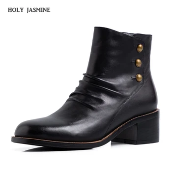 

2019 Women Genuine Leather Side Zipper Martin Boots Comfortable Mid Heel Ankle Boots Fashion Warm Winter Shoes Black Women Boots