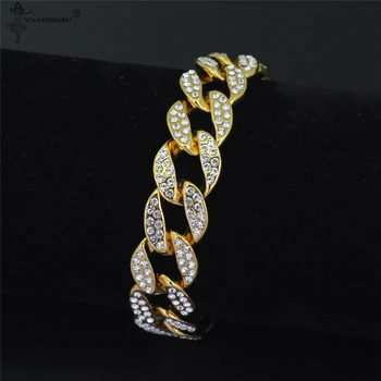 

Iced Out 15mm Bling Maimi Cuban Link Chain Necklace Men's Hip Hop Golden Silver Color Rhinestone Necklaces Jewelry Accessories