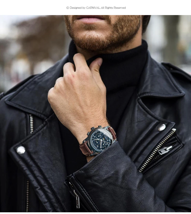Relogio masculino Топ бренд часы карнавал автоматические часы для мужчин бизнес механические наручные часы черный кожаный ремешок