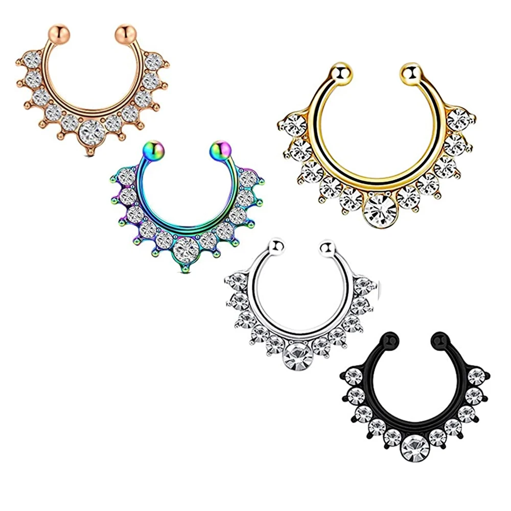 

Nose Rings Fake 16G Stainless Steel Inlaid CZ Faux Piercing Jewelry Fake Nose Ring Spring Clip on Circle Hoop No Pierced Septum