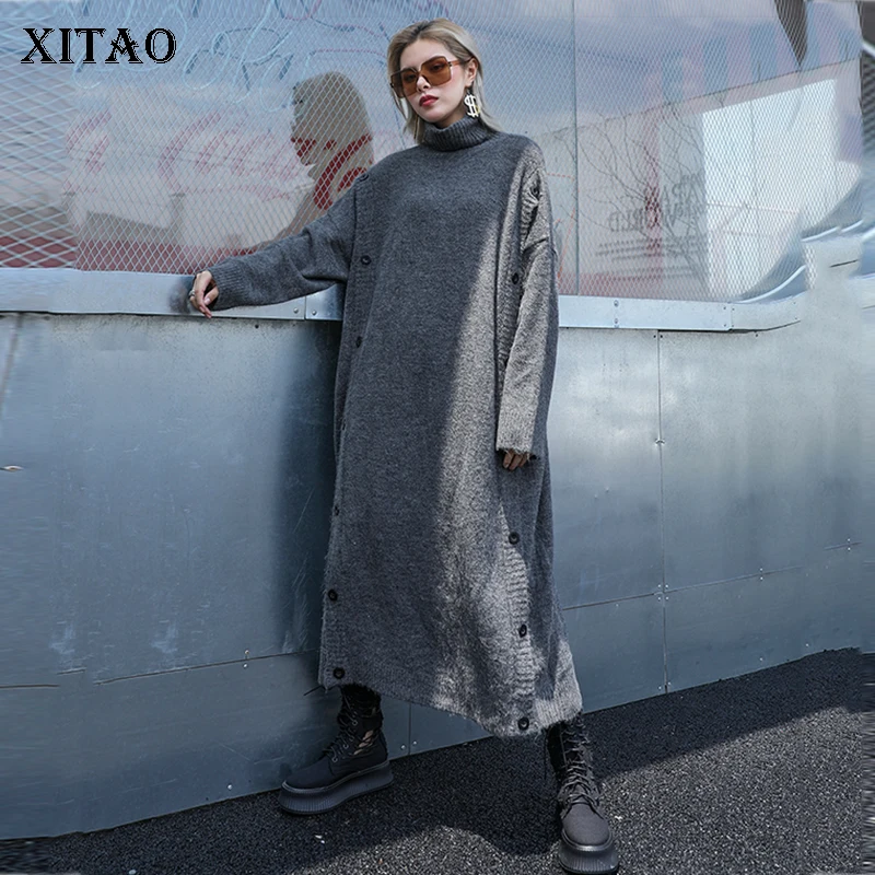 XITAO Split Long Knitted Sweater Fashion Turtleneck Straight Elegant 2019 Autumn Minority Style Vintage Button GCC2040 | Женская одежда