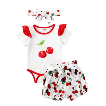 

Fashion Baby Girl Clothes Cherry Print Romper Tops Elastic Waist Shorts Headband 2020 Summer Outfits Set 0-18M