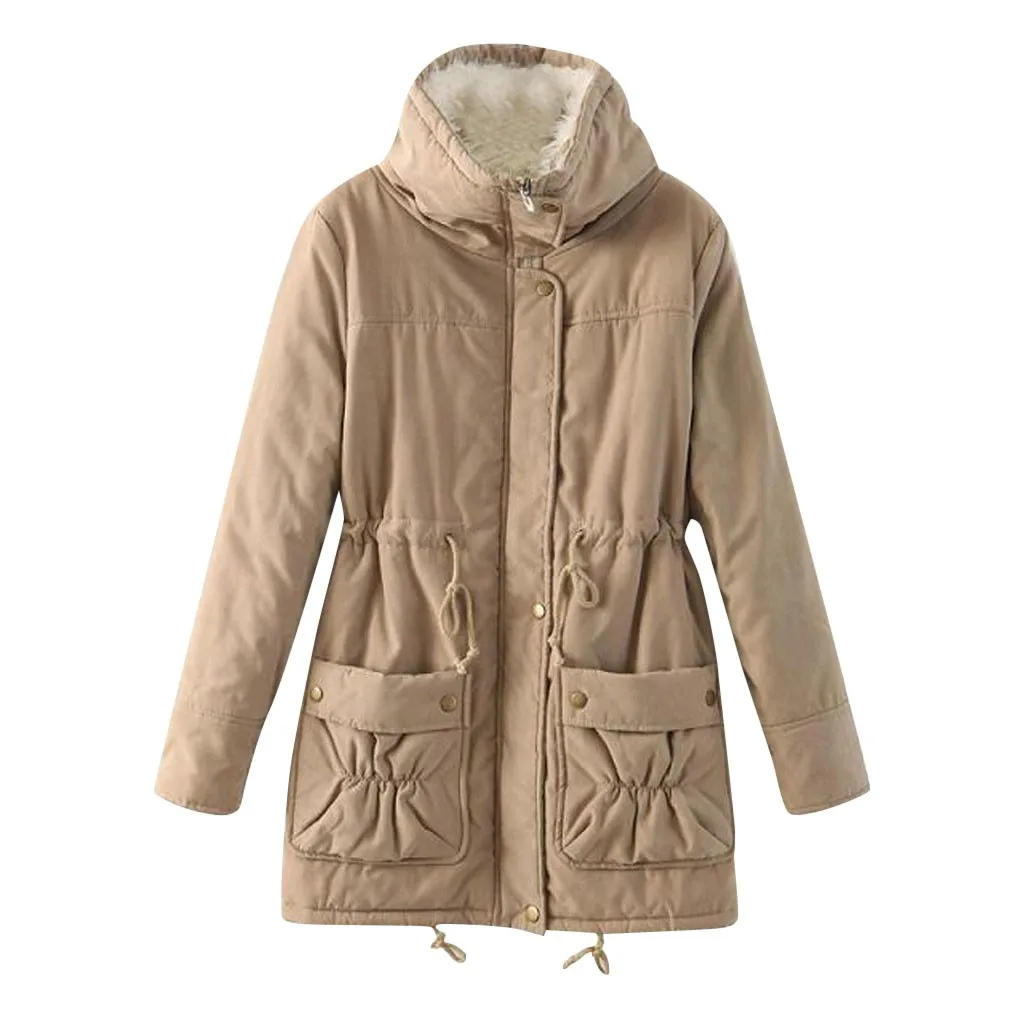 Khaki JAYCOSIN одежда для женщин модные однотонные хлопковые куртки на кулиске Пальто Повседневное кашемировое хлопковое зимнее пальто для женщин 1021 - Цвет: Khaki