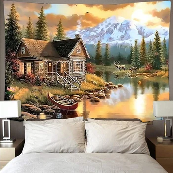 

Beautiful Snow Mountain River Boat Printed Tapestry Cheap Hippie Wall Bohemian Wall Tapestry Mural Painting Style Decorative Art