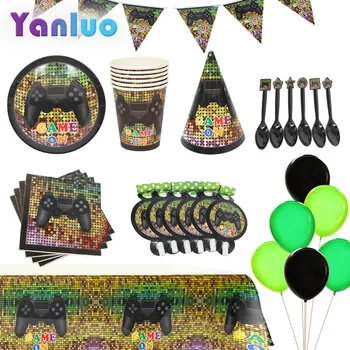 

Boys Game Theme Party Disposable Tableware Paper Plates Cup Tablecloth Kids Birthday Baby Shower Decoration Supplies