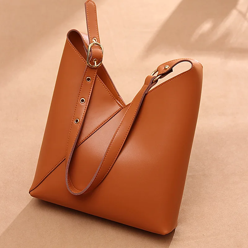 Brown New Trend Simple Style Women's Multi-function Casual Totes and Shoudler Pockets Winter Solid Genuine Leather 3-color Bags - Цвет: Brown