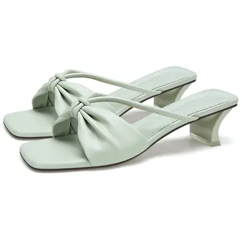 

Luxury Shoes Women Designers 2020 Summer 5CM High Heels Mules Blue Beige Sandals 21803AFD5177