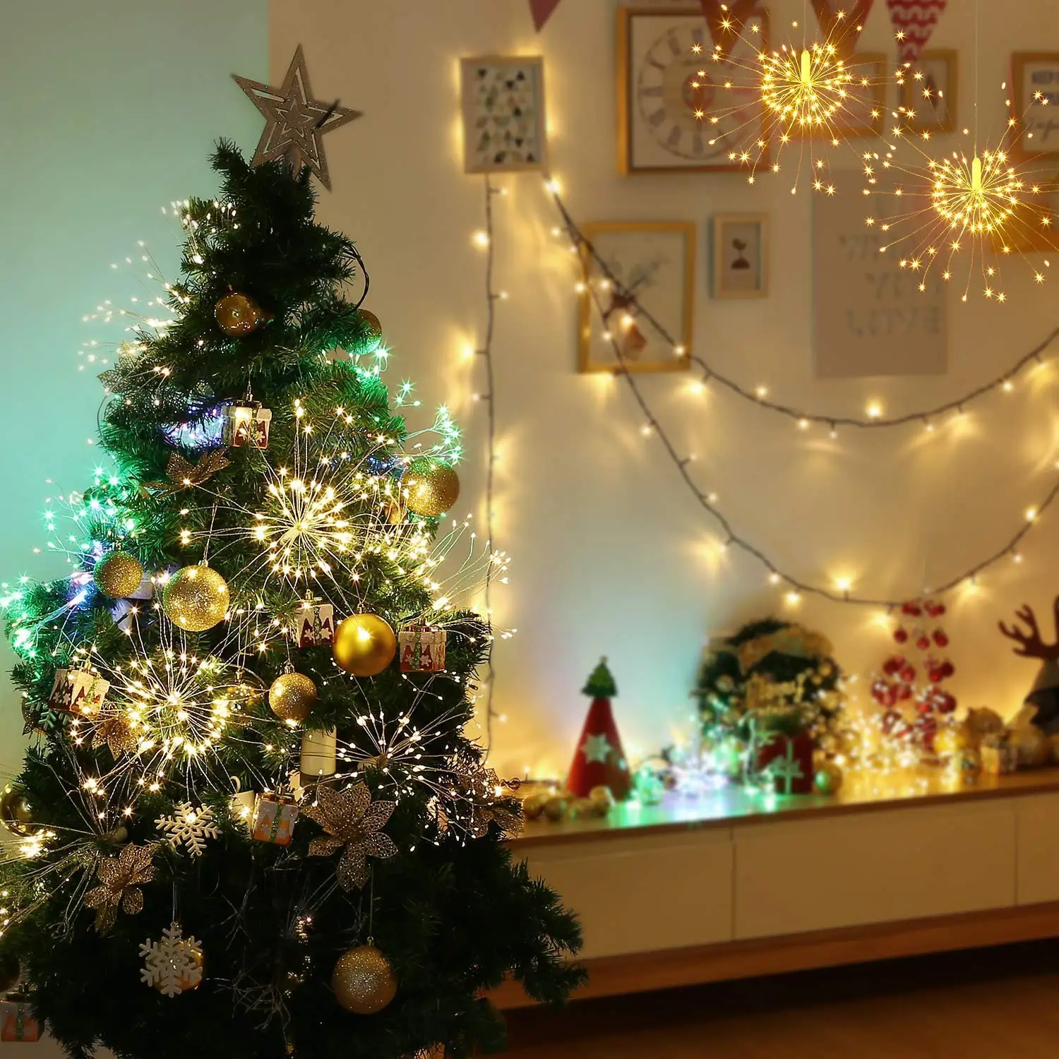 Праздничный подвесной светильник в виде звездочки s 120 светодиодов DIY фейерверк медная гирлянда Рождественский светильник уличный мерцающий светильник