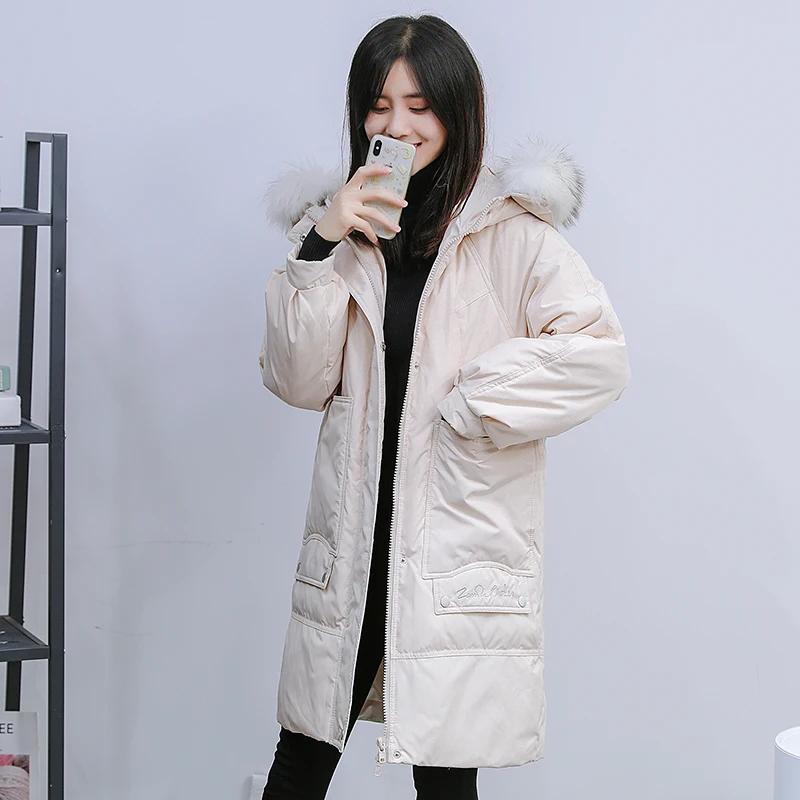 Fashion Winter Down Jacket Women Fox Fur Collar White duck down Coat Female Long Parka Ladies Elegant Outwear Hooded Coat