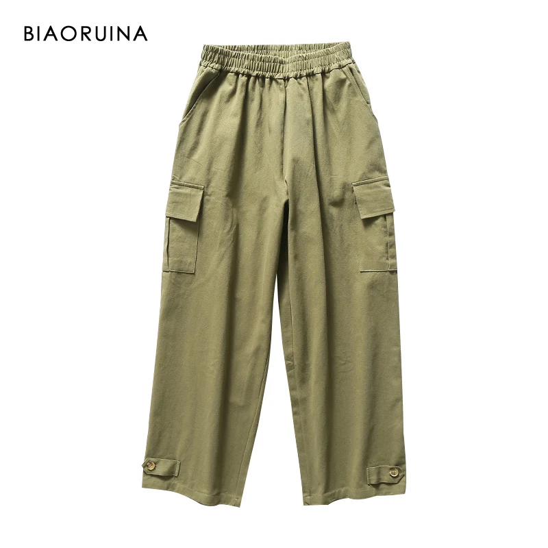 

BIAORUINA Women's Safari Style Solid Wide Leg Pant Female Vintage Cotton Elastic High Waist Loose Pant Trouser New Arrival