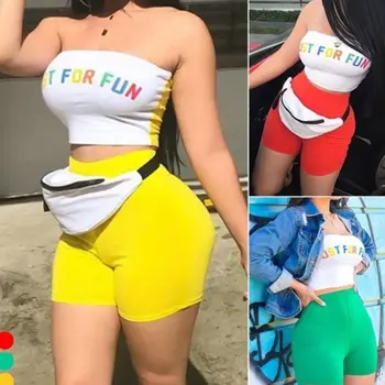 

Women Summer 2 Piece Outfits Strapless Rainbow Letters Bandeau Crop Top High Waist Bright Color Biker Shorts Set Club Streetwear