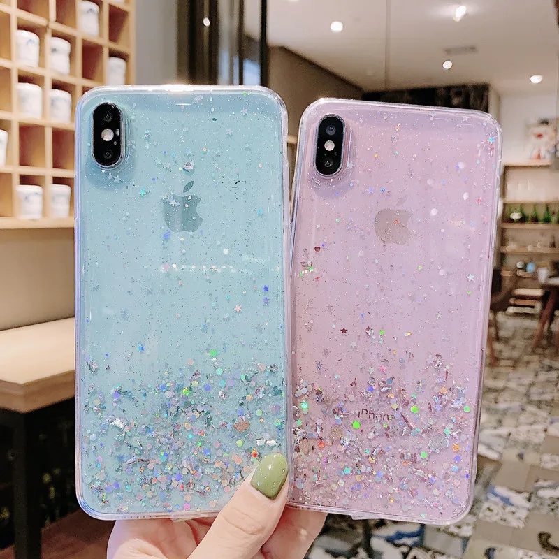 

Glitter Bling Epoxy Star Case For iphone X XR XS XS Max Soft Transparent TPU Cover Sequins Cases For iphone XR XS Max