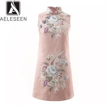 

AELESEEN High Quality Jacquard Fabric Runeay Floral Straight Dresses Women 2020 New Vintage Embroidery Luxury Beading Mini Dress