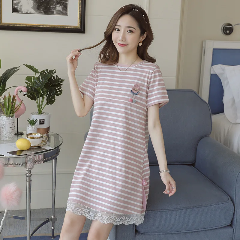 

Summer Lactation Garment Pure Cotton Stripe Short Sleeve Lace Maternity Dress Postpartum Nursing Feeding Nursing Dress-Style Loo
