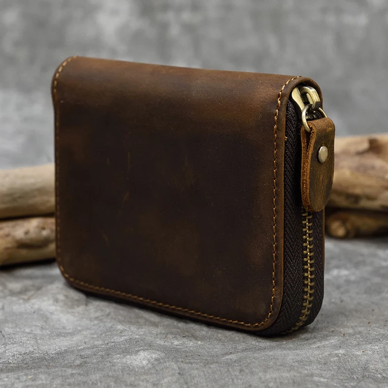 Retro Men's Short Wallet Vintage Cow  Leather Vertical Thin Male Zipper Square Credit Card Holder Small Money Purse Women wallet 4