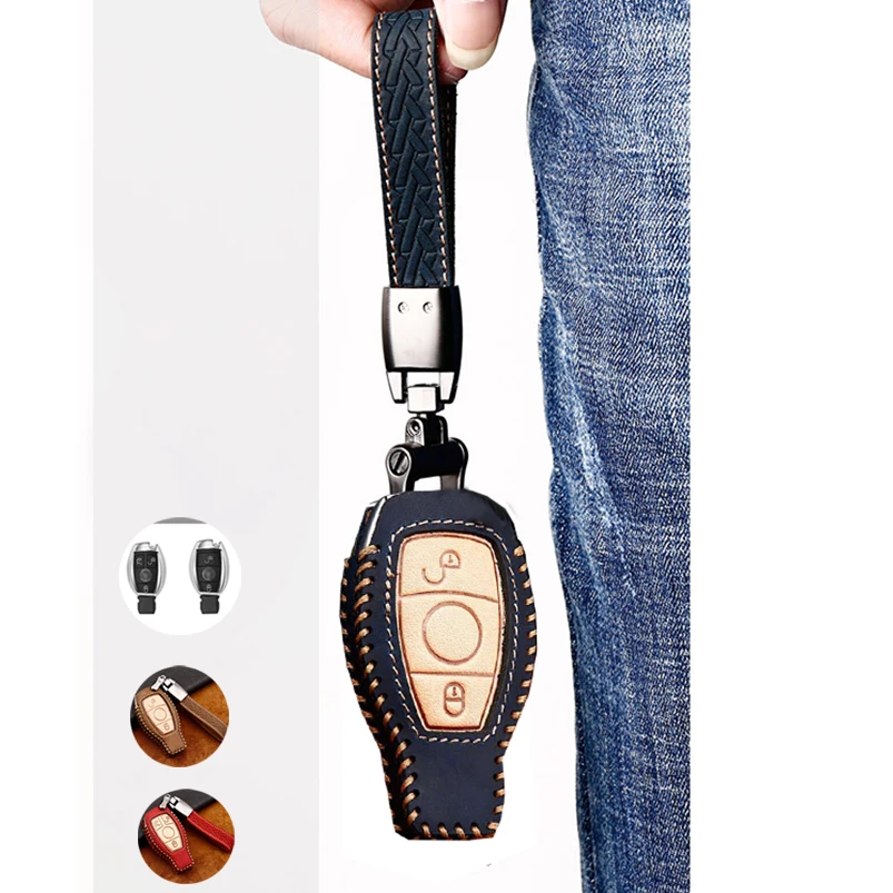 Geuine Leather Car 2 3 Buttons Smart Remote Key Fob Protective Holder Case Cover Bag Shell Keychain For Mecedes Benz Accessories |