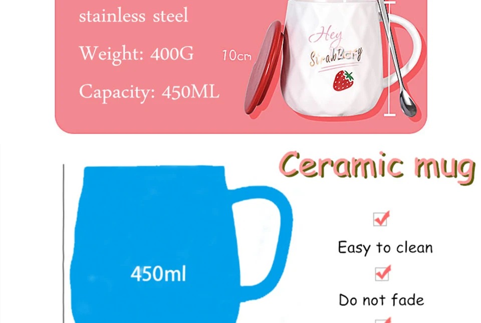 Strawberry Mug Creative Personality Trend Girl Ceramic Mugs with Lid Spoon Household Water Cup Breakfast Oatmeal Coffee Milk Mug