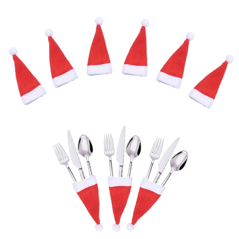 

10Pcs Christmas Decorative Tableware Mini Caps Pocket Knife Fork Spoon Holders Christmas Table Decoration for Home Xmas Supplies