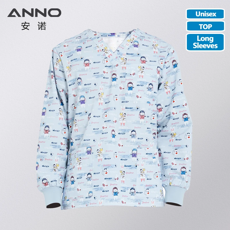 Medical Scrubs ANNO Hospital Autumn Winter Medical Scrubs Tops Long Sleeves Print Nursing Uniform