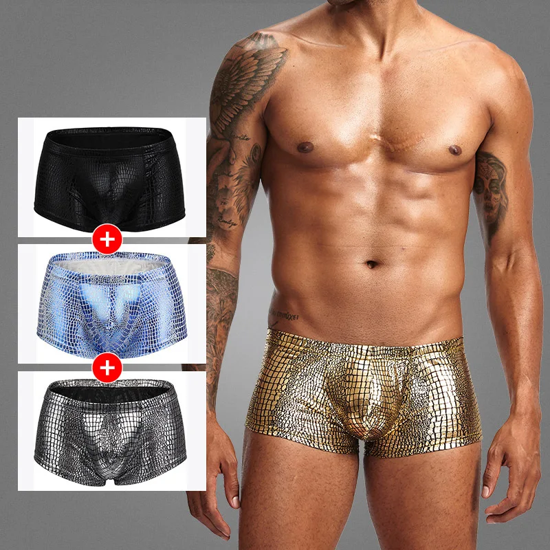 

Mens Snake Skin Leather Sexy Underwear Boxers Brand Open Front Crotchless Boxer Shorts Men U Convex Low Waist Male Underpants