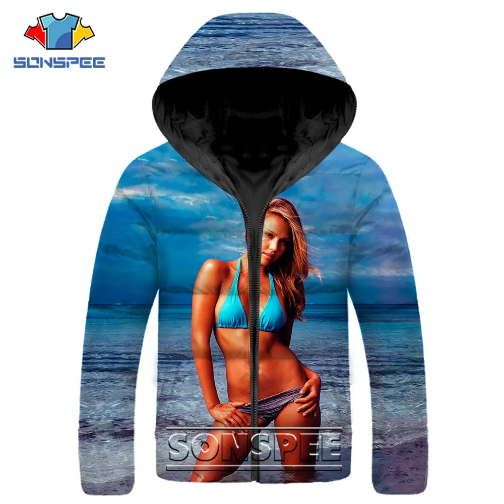 SONSPEE Casual Hip Hop Parkas 3D Print Sexy Cute Beach Bikini Girl Down Jacket Winter Fashion Keep Warm Streetwear Otaku Coat