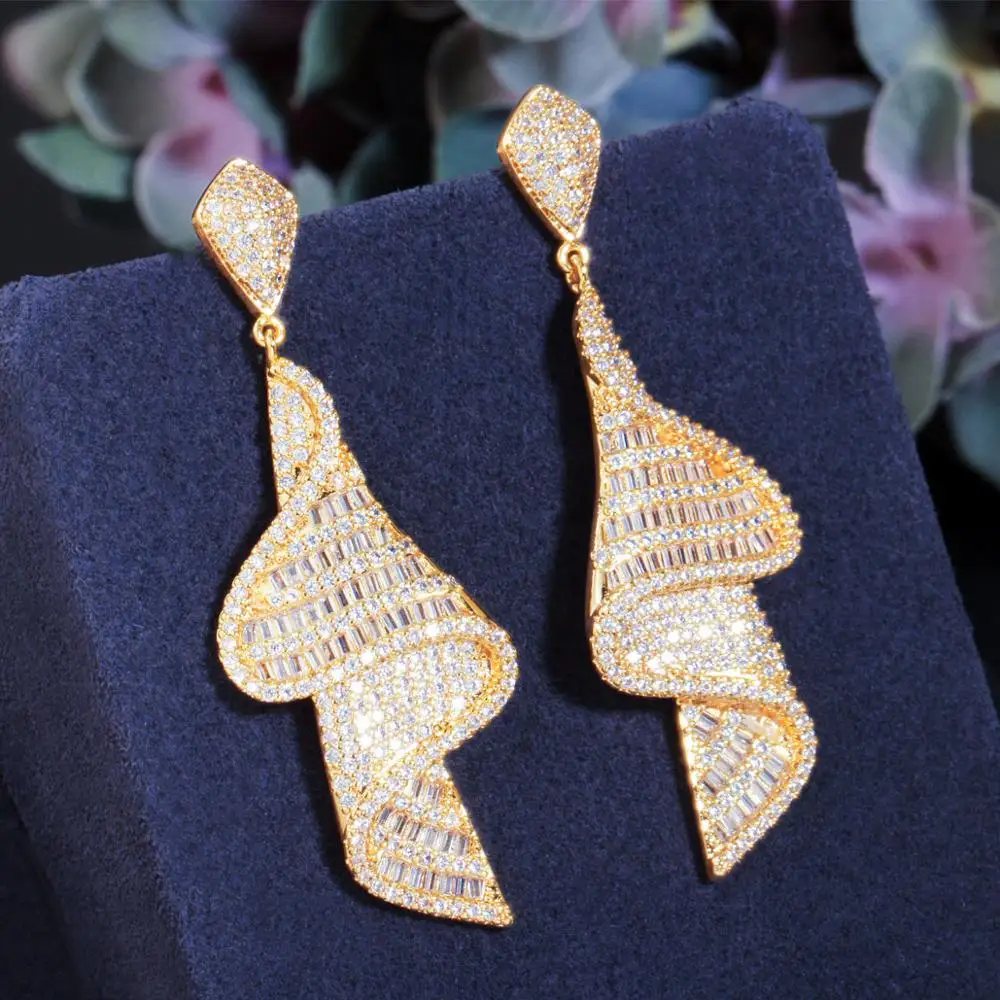 CWWZircons Geometric Sparkling Fancy White Cubic Zirconia Big Long Drop Earrings for Women Dubai Gold Color Bridal Jewelry CZ803