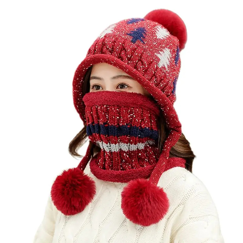 WR Women Tree Cable Knit Pompom Beanie Earflap Hat Plush Lined Infinity Scarf Set - Цвет: WR