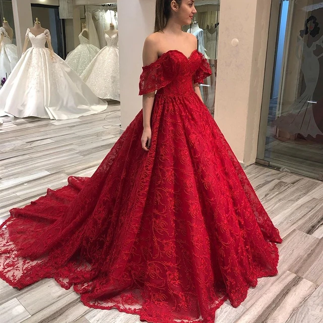 dødbringende peber tro Wholesale Vintage Red Ball Gown Prom Party Dresses Long Sweetheart Off  Shoulder Sleeves Wedding Guest Gowns Lace Court Train New - Prom Dresses -  AliExpress
