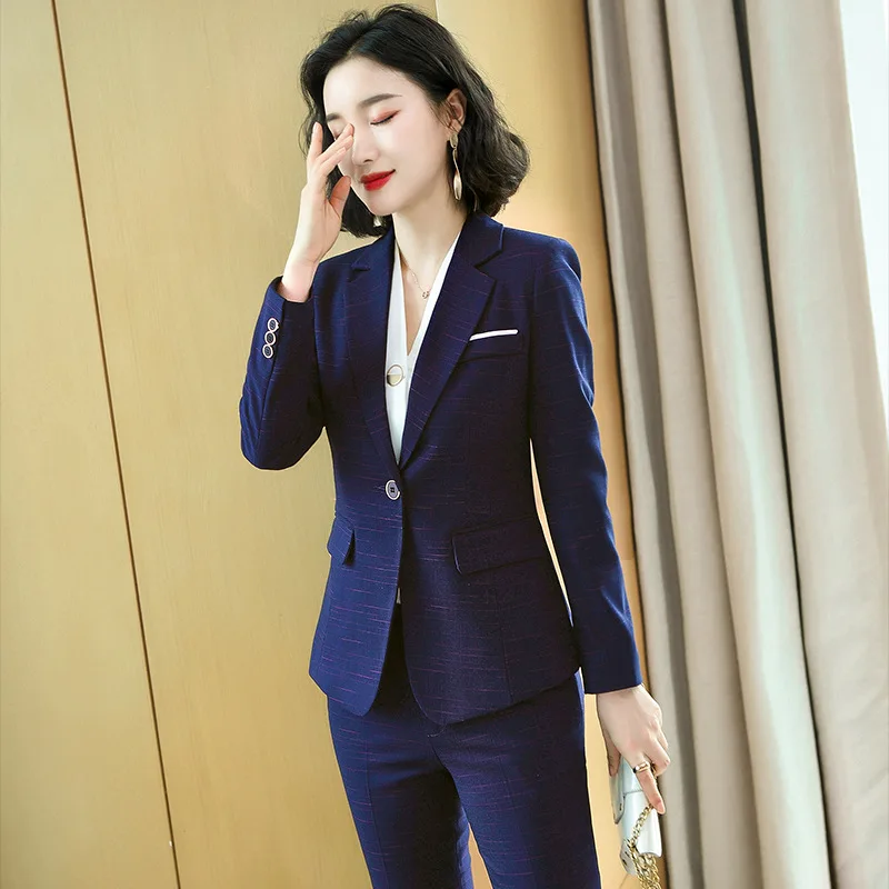 IZICFLY Autumn Winter High-end Professional Blue Slim Uniform Business Suits with Pants Office Blazer Set For Women Work Wear