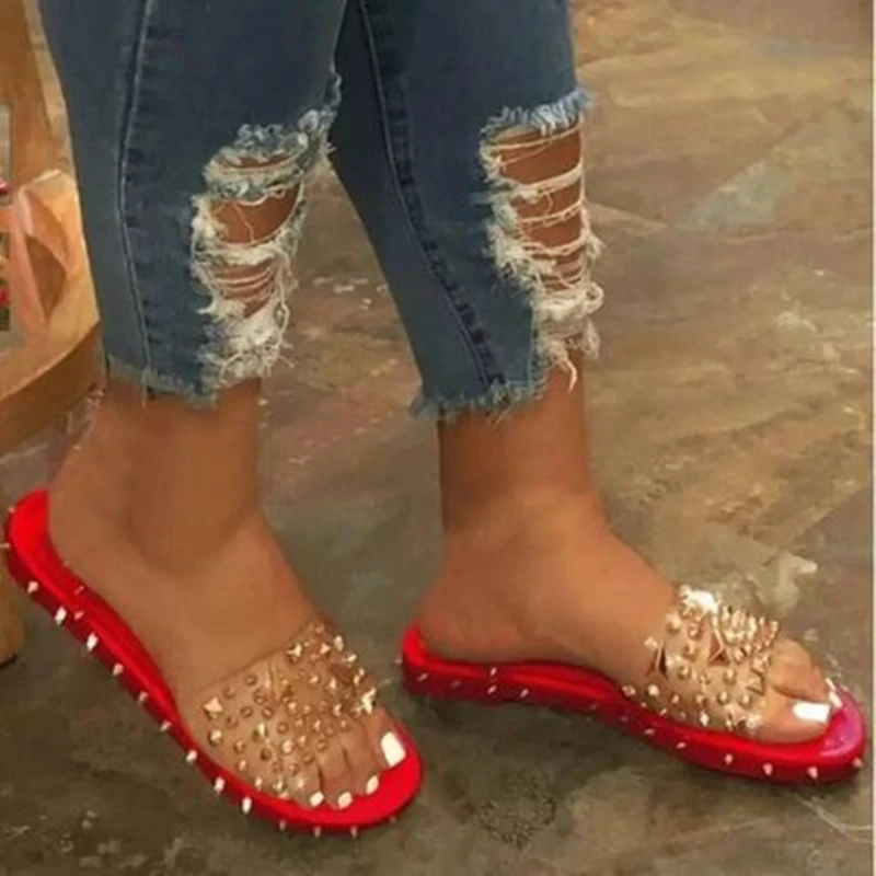 

Siddons PVC Transparent Ladies Summer Slippers Open Toe Casual Rivets Studs Designer Shoes Women Beach Sandals Flats Slippers
