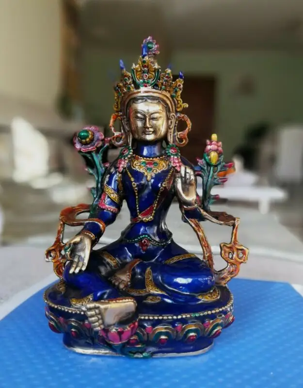 

Tibetan Cloisonne Bronze Green Tara God Kwan-yin Buddha Avalokiteshvara Statue