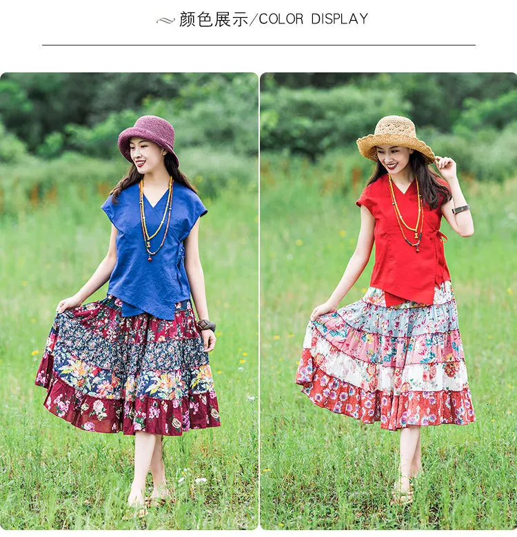 National Wind WOMEN'S Dress Summer Printed Skirt zhi pai Origional Elastic Waist Joint Big Skirt Holiday Trip Shoot Full Skirt