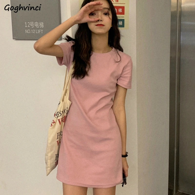 Summer Short Sleeve Dress Solid O-neck Loose Womens Leisure Daily Streetwear Simple All-match Korean Style Chic Trendy BF New