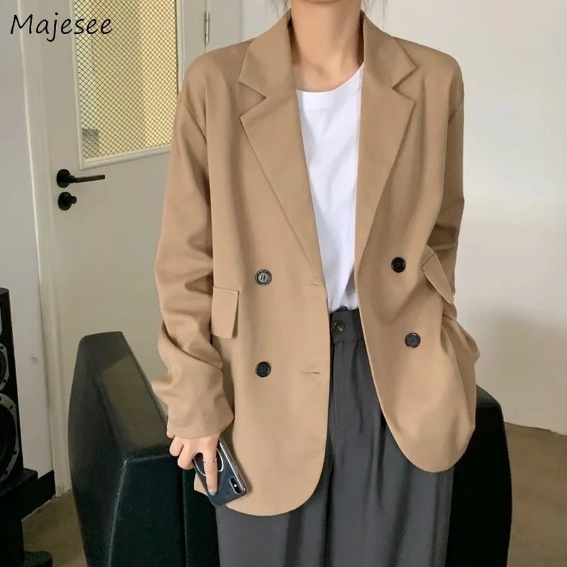 

Blazers Womens Design Double Breasted Solid Loose Notched Korean Style Leisure Harajuku Streetwear All-match Fashion Chic Female