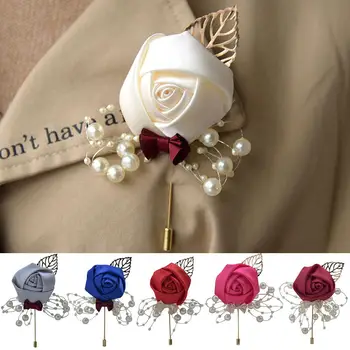 Fake Flower Faux Pearl Boutonniere Wedding Ceremony Bride Groom Corsage Brooch